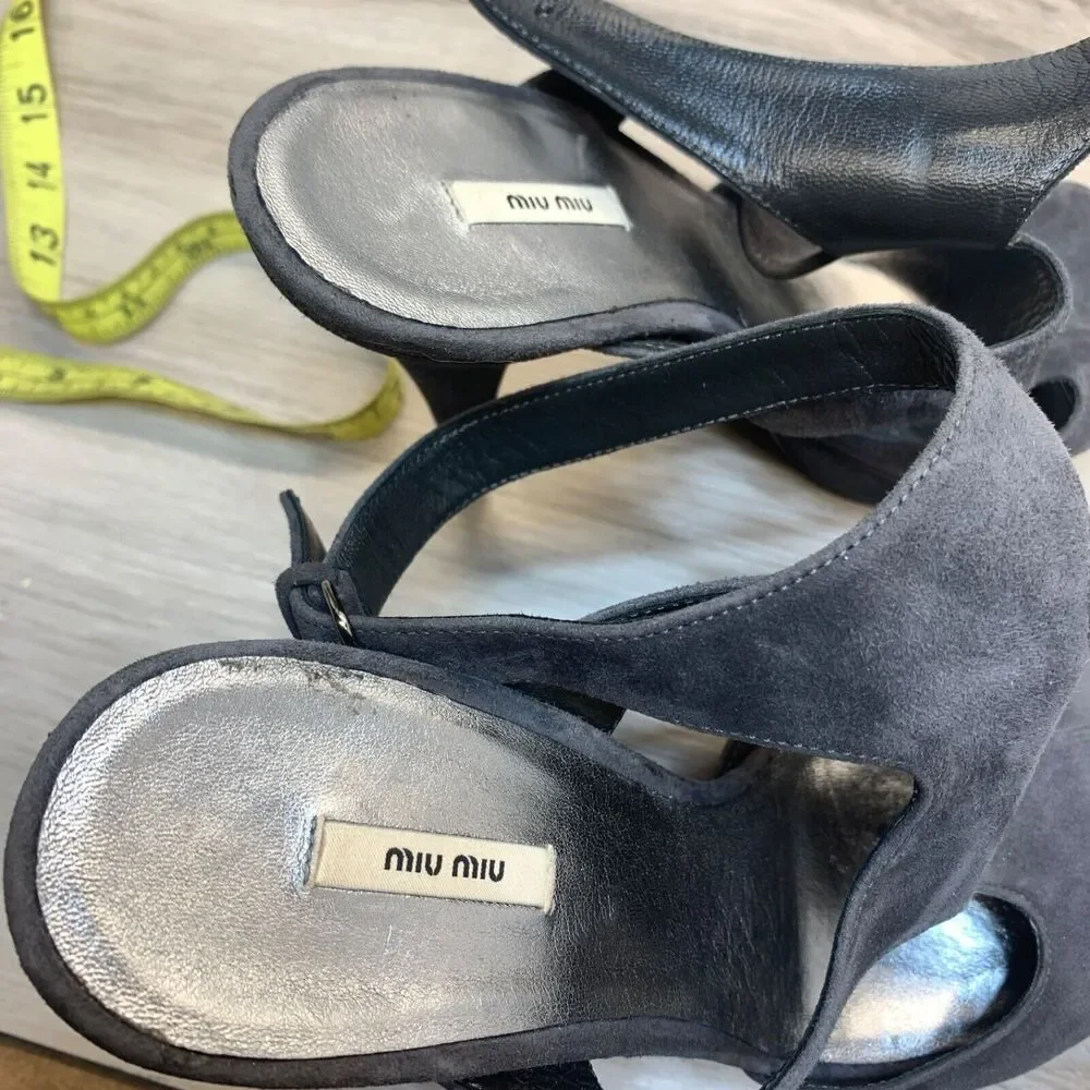 Miu‎ Miu Womens Gray Leather Suede Peep Toe Stilletto High Heels Shoes Size 38